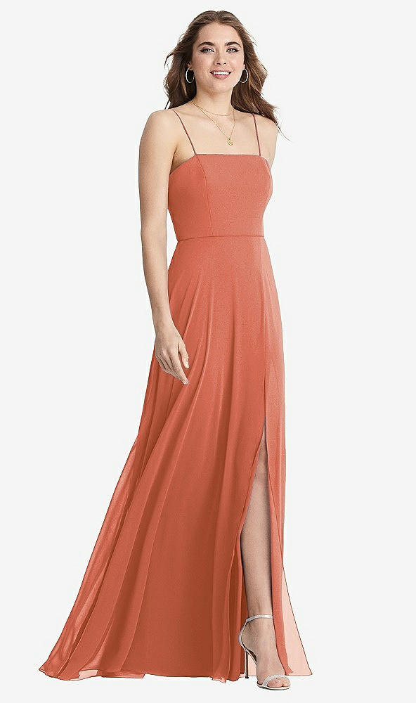 Front View - Terracotta Copper Square Neck Chiffon Maxi Dress with Front Slit - Elliott