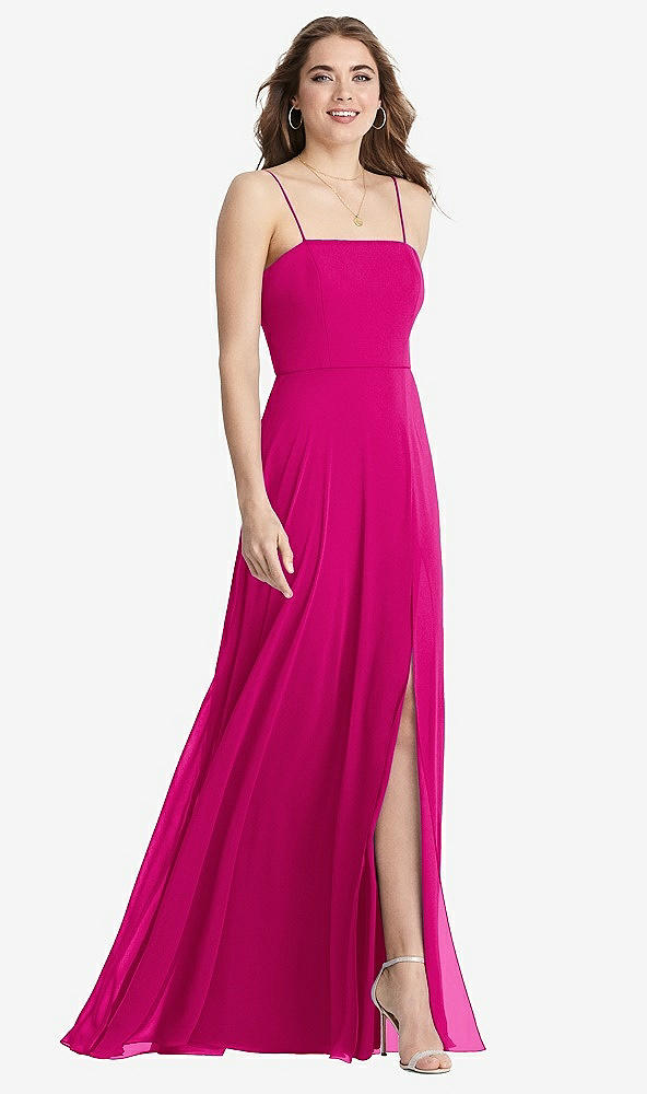 Front View - Think Pink Square Neck Chiffon Maxi Dress with Front Slit - Elliott