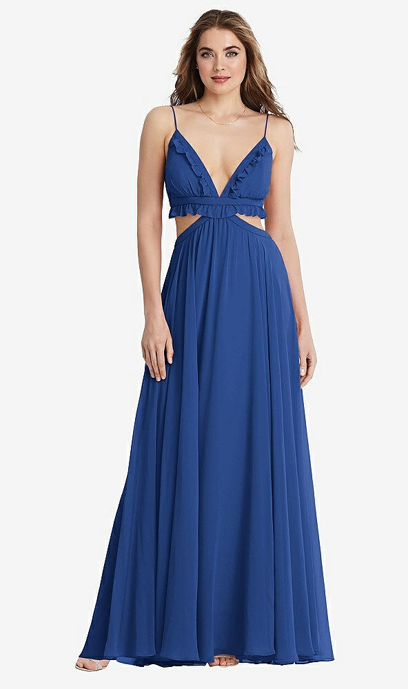 Front View - Classic Blue Ruffled Chiffon Cutout Maxi Dress - Jessie