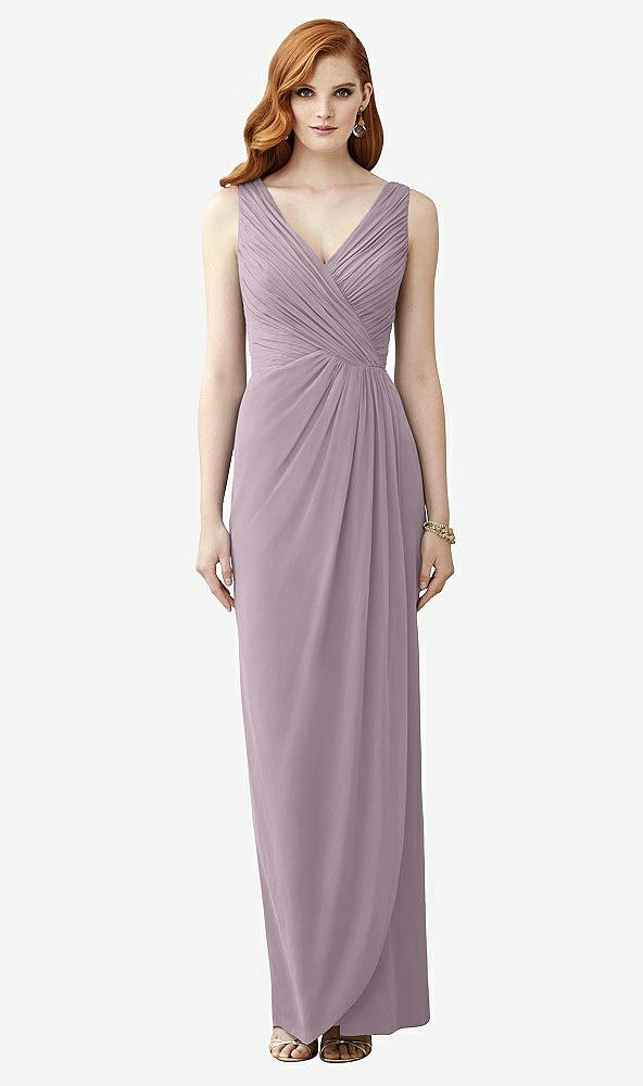 Front View - Lilac Dusk Sleeveless Draped Faux Wrap Maxi Dress - Dahlia