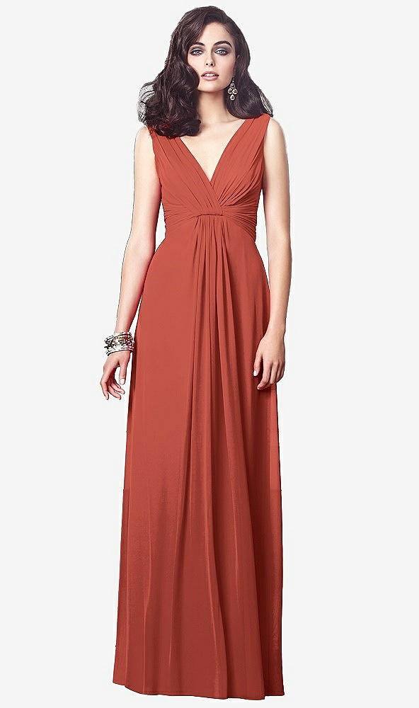 Front View - Amber Sunset Draped V-Neck Shirred Chiffon Maxi Dress