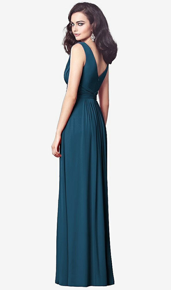 Back View - Atlantic Blue Draped V-Neck Shirred Chiffon Maxi Dress