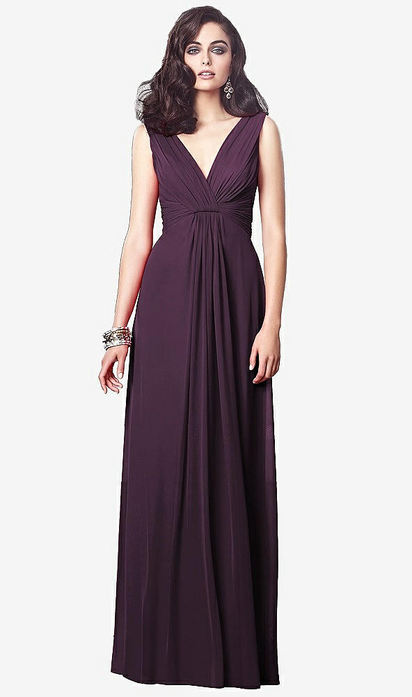 Front View - Aubergine Draped V-Neck Shirred Chiffon Maxi Dress