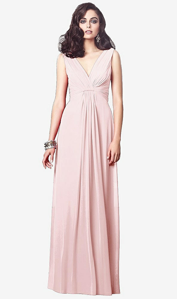 Front View - Ballet Pink Draped V-Neck Shirred Chiffon Maxi Dress