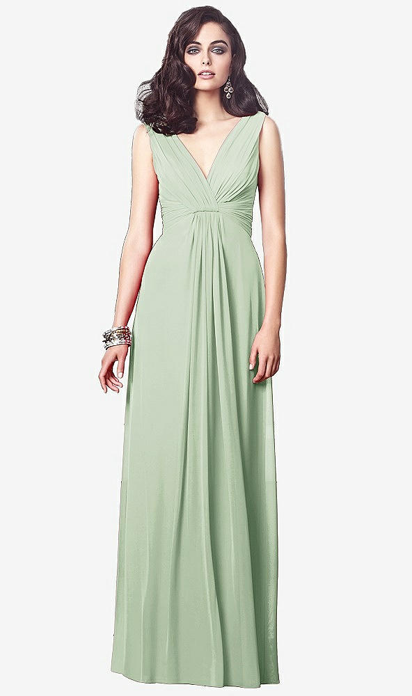 Front View - Celadon Draped V-Neck Shirred Chiffon Maxi Dress