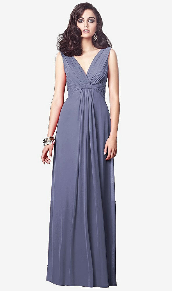 Front View - French Blue Draped V-Neck Shirred Chiffon Maxi Dress