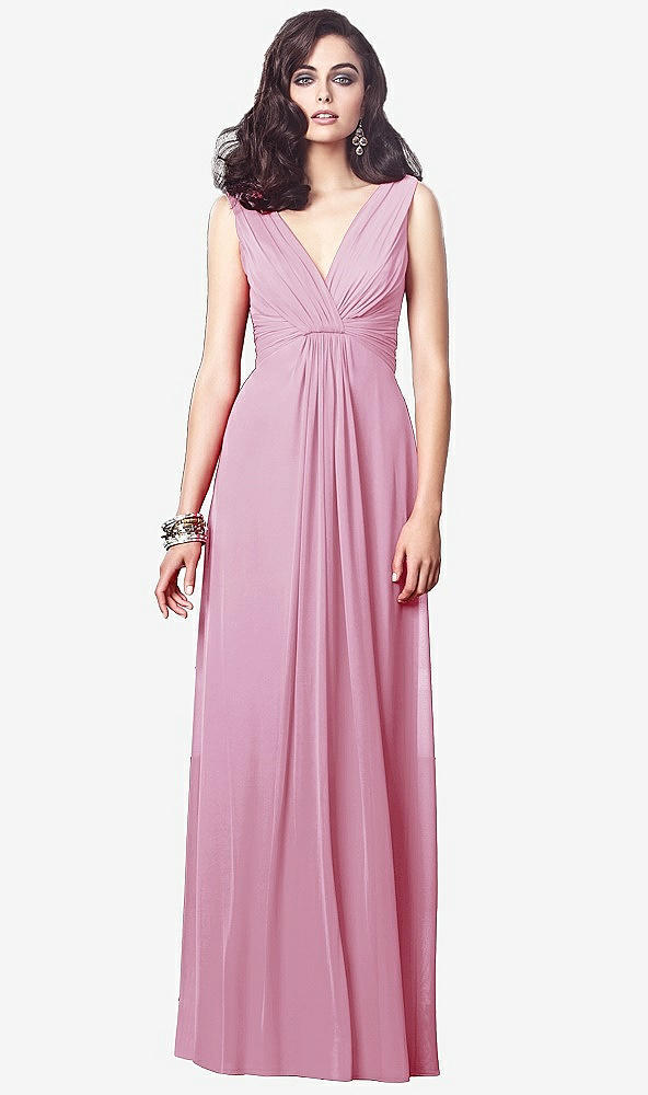 Front View - Powder Pink Draped V-Neck Shirred Chiffon Maxi Dress