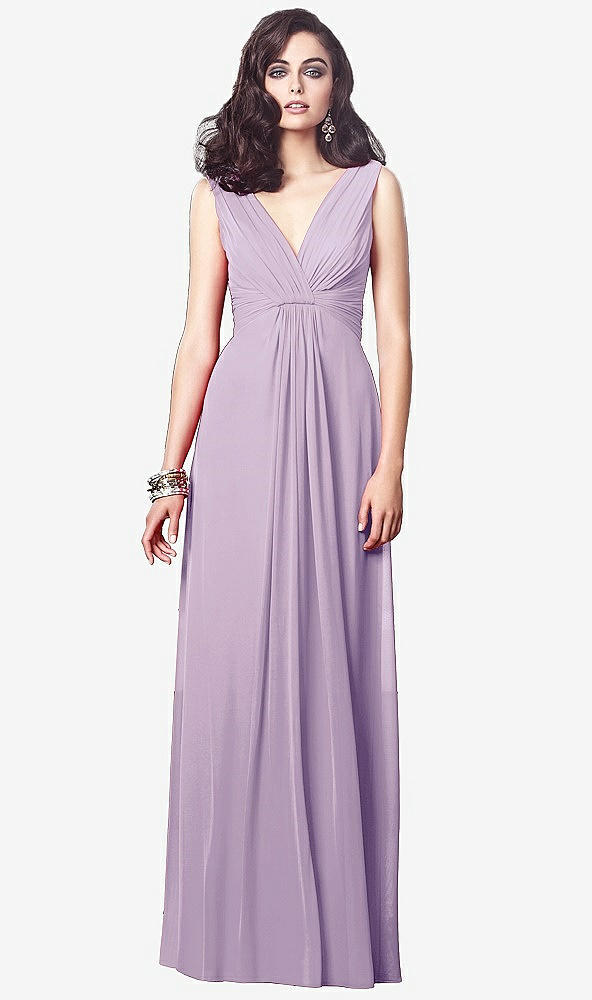 Front View - Pale Purple Draped V-Neck Shirred Chiffon Maxi Dress