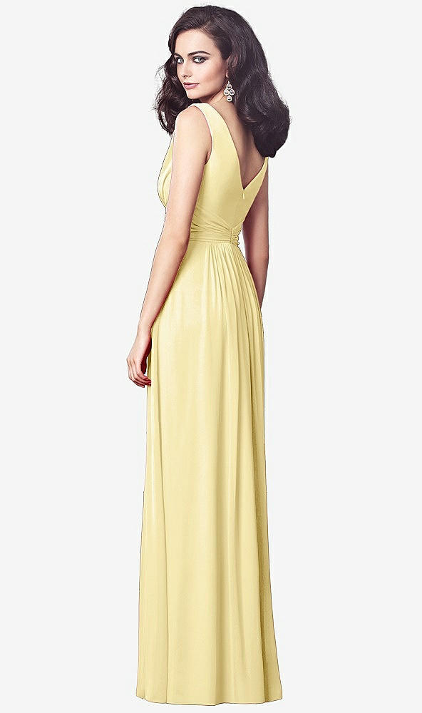 Back View - Pale Yellow Draped V-Neck Shirred Chiffon Maxi Dress