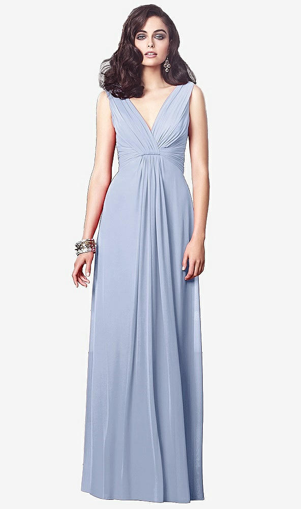 Front View - Sky Blue Draped V-Neck Shirred Chiffon Maxi Dress