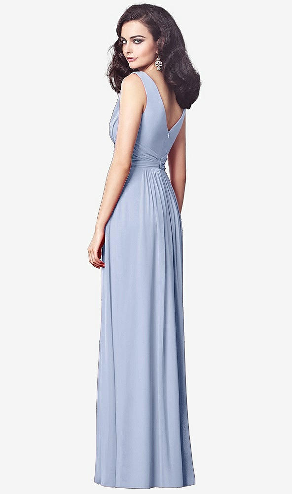 Back View - Sky Blue Draped V-Neck Shirred Chiffon Maxi Dress