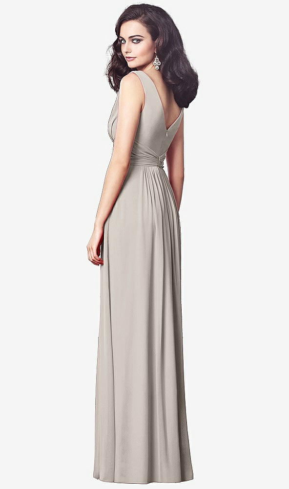 Back View - Taupe Draped V-Neck Shirred Chiffon Maxi Dress