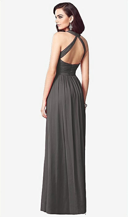 Ruched Halter Open back Maxi Bridesmaid Dress Jada In Caviar Gray The Dessy Group