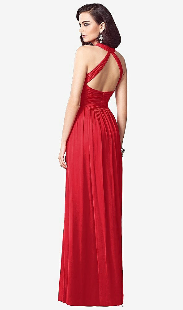 Back View - Parisian Red Ruched Halter Open-Back Maxi Dress - Jada