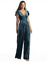 Alt View 1 Thumbnail - Dutch Blue Flutter Sleeve Velvet Jumpsuit with Pockets