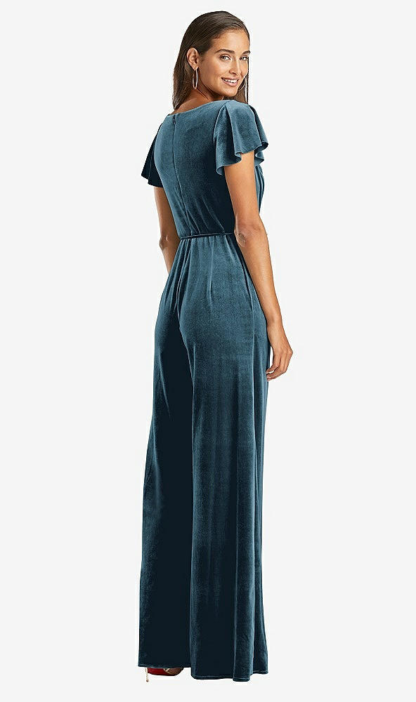 Back View - Dutch Blue Flutter Sleeve Velvet Jumpsuit with Pockets