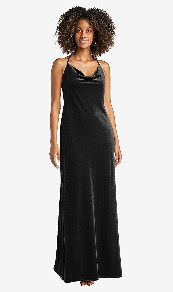 Front View - Black Cowl-Neck Convertible Velvet Maxi Slip Dress - Sloan