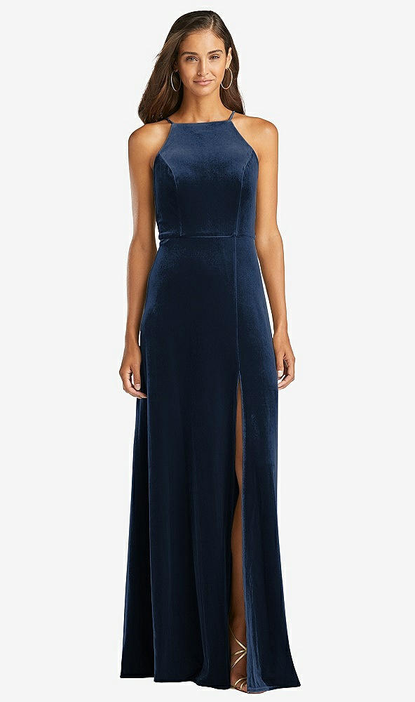 Front View - Midnight Navy Velvet Halter Maxi Dress with Front Slit - Harper