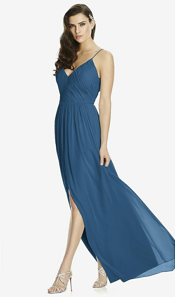 Front View - Dusk Blue Deep V-Back Shirred Maxi Dress - Ensley