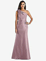 Alt View 1 Thumbnail - Dusty Rose Bow One-Shoulder Satin Trumpet Gown