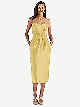 Front View Thumbnail - Maize Strapless Bow-Waist Pleated Satin Pencil Dress with Pockets