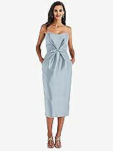 Front View Thumbnail - Mist Strapless Bow-Waist Pleated Satin Pencil Dress with Pockets