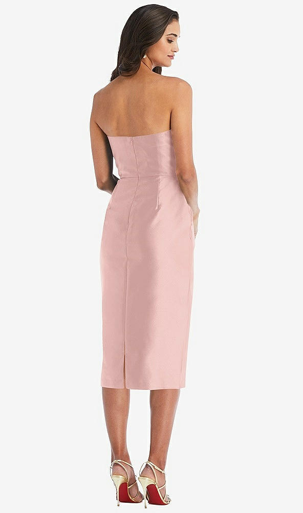 Back View - Rose - PANTONE Rose Quartz Strapless Bow-Waist Pleated Satin Pencil Dress with Pockets