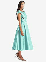 Front View Thumbnail - Coastal Puff Sleeve Bow-Waist Full Skirt Satin Midi Dress