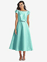 Side View Thumbnail - Coastal Puff Sleeve Bow-Waist Full Skirt Satin Midi Dress