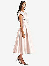 Front View Thumbnail - Blush Puff Sleeve Bow-Waist Full Skirt Satin Midi Dress