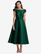 Side View Thumbnail - Hunter Green Puff Sleeve Bow-Waist Full Skirt Satin Midi Dress