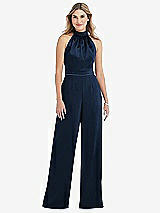 Side View Thumbnail - Midnight Navy & Midnight Navy High-Neck Open-Back Jumpsuit with Scarf Tie