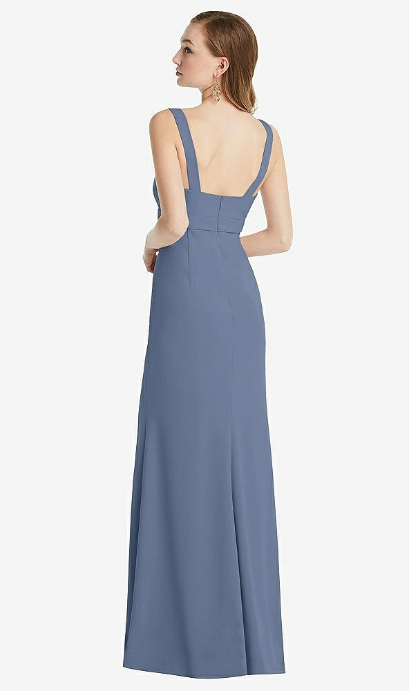 Back View - Larkspur Blue Wide Strap Notch Empire Waist Dress with Front Slit