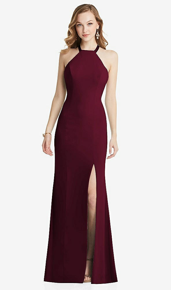 Back View - Cabernet High-Neck Halter Dress with Twist Criss Cross Back 