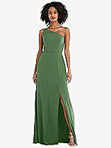 Alt View 1 Thumbnail - Vineyard Green Skinny One-Shoulder Trumpet Gown with Front Slit