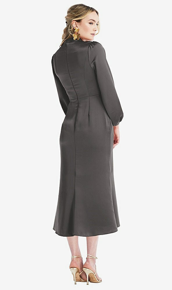 Back View - Caviar Gray High Collar Puff Sleeve Midi Dress - Bronwyn