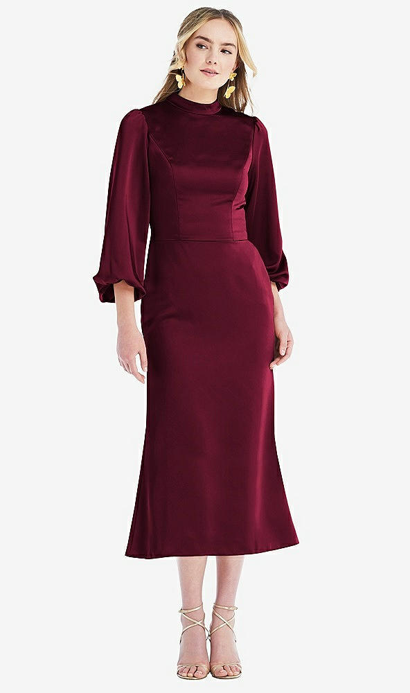 Front View - Cabernet High Collar Puff Sleeve Midi Dress - Bronwyn