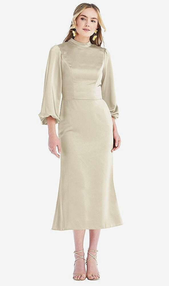 Front View - Champagne High Collar Puff Sleeve Midi Dress - Bronwyn