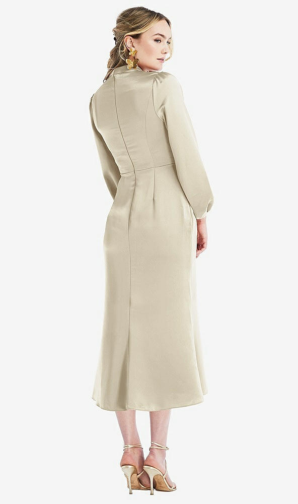 Back View - Champagne High Collar Puff Sleeve Midi Dress - Bronwyn