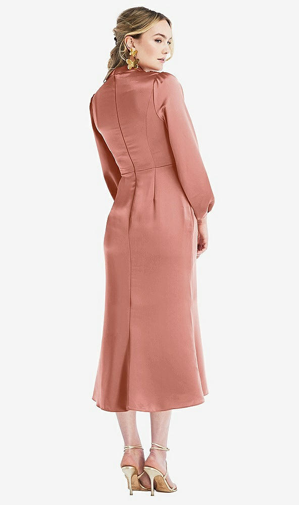 Back View - Desert Rose High Collar Puff Sleeve Midi Dress - Bronwyn