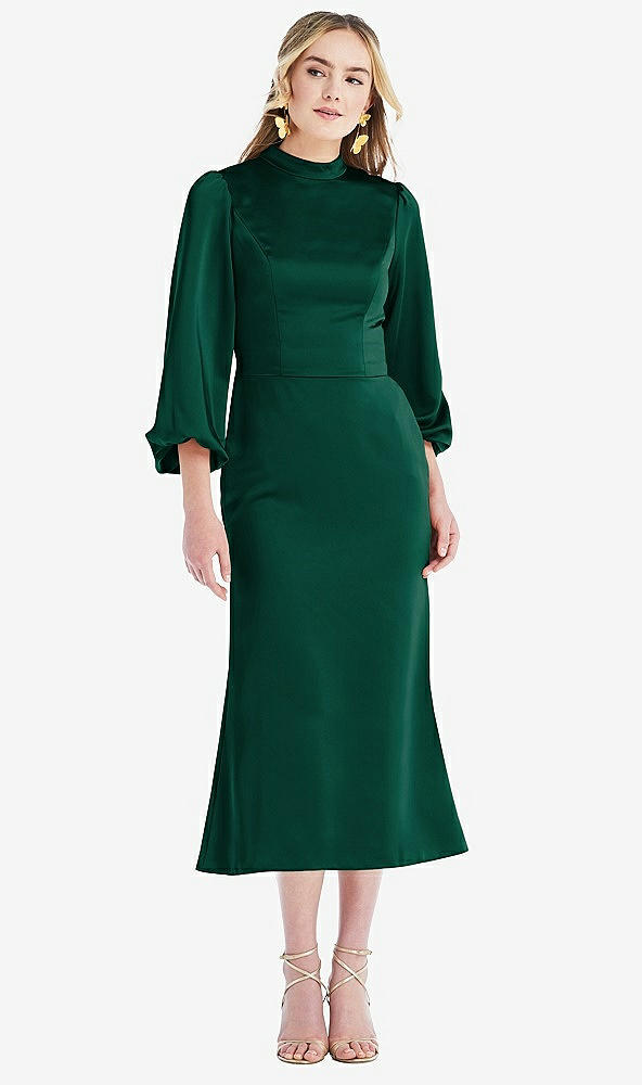 Front View - Hunter Green High Collar Puff Sleeve Midi Dress - Bronwyn