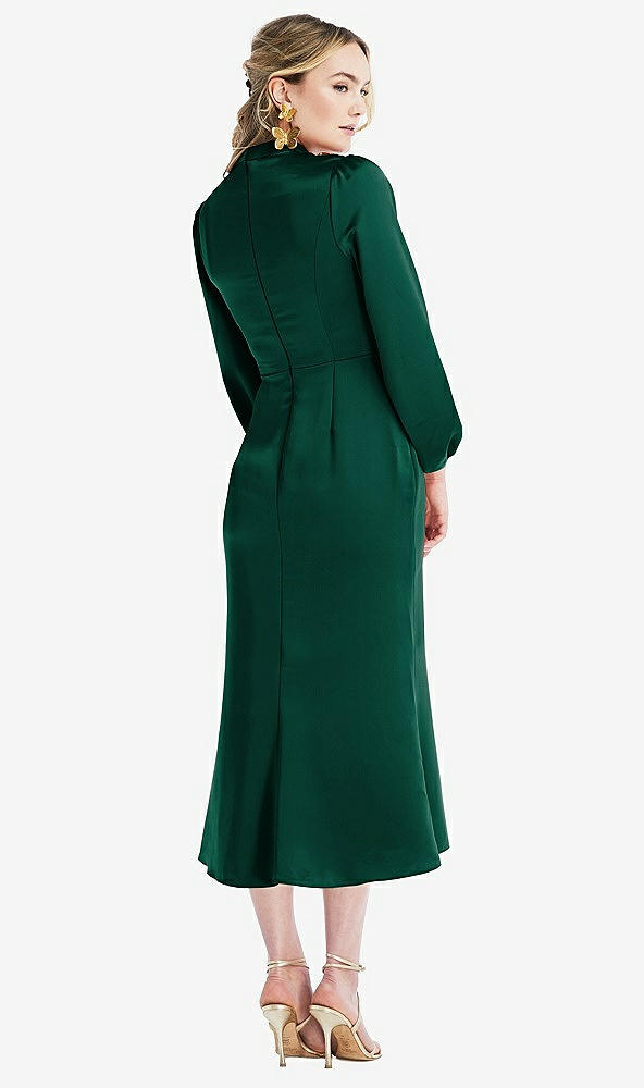 Back View - Hunter Green High Collar Puff Sleeve Midi Dress - Bronwyn