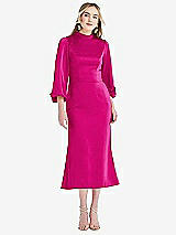 Front View Thumbnail - Think Pink High Collar Puff Sleeve Midi Dress - Bronwyn