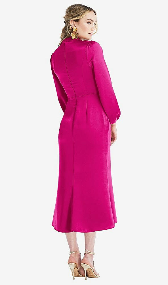 Back View - Think Pink High Collar Puff Sleeve Midi Dress - Bronwyn