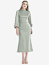 Front View Thumbnail - Willow Green High Collar Puff Sleeve Midi Dress - Bronwyn