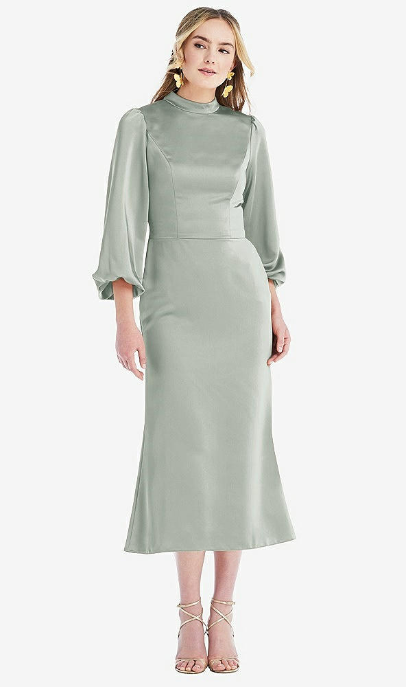 Front View - Willow Green High Collar Puff Sleeve Midi Dress - Bronwyn