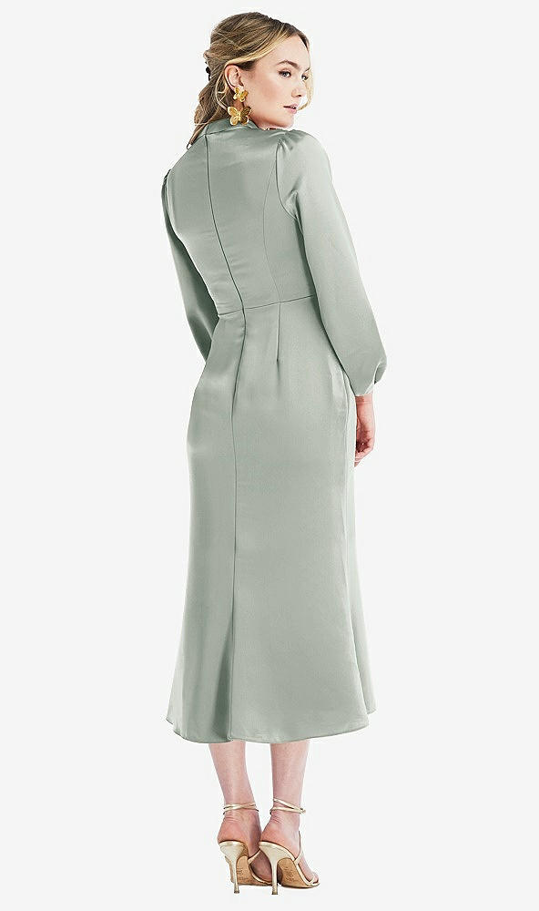 Back View - Willow Green High Collar Puff Sleeve Midi Dress - Bronwyn