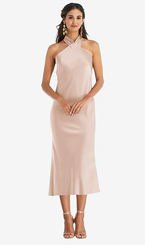 Front View - Cameo Draped Twist Halter Tie-Back Midi Dress - Paloma