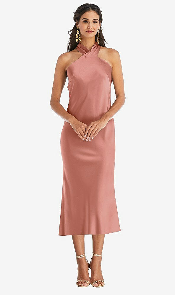 Front View - Desert Rose Draped Twist Halter Tie-Back Midi Dress - Paloma