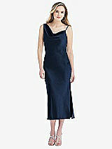 Front View Thumbnail - Midnight Navy Asymmetrical One-Shoulder Cowl Midi Slip Dress